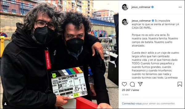 Message Instagram Jesus Colmenar fin du tournage de La Casa de Papel