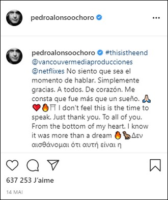 Message Instagram Pedro Alonso fin du tournage de La Casa de Papel