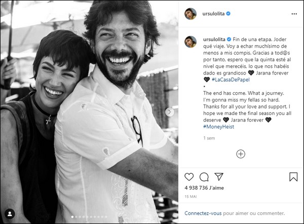 Message Instagram Ursula Corbero fin du tournage de La Casa de Papel
